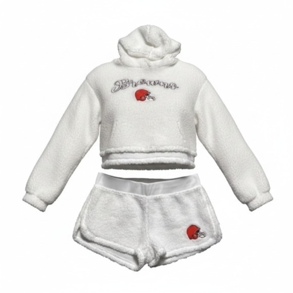 NFL Team Apparel Cleveland Browns Pajama Set Women XL White Sherpa Hoodie Shorts